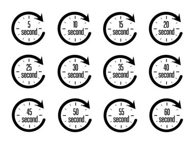 Kronometre ok simgeleri 5, 10, 15, 20, 25, 30, 35, 40, 45, 50, 55, 60 saniye. Geri sayım zamanı. Servis zamanı. Vektör illüstrasyonu.
