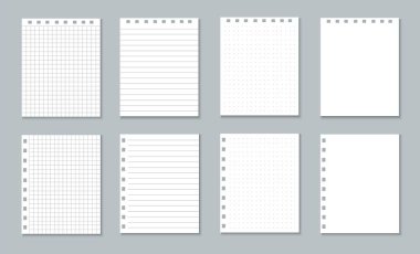  Yırtık bir defterin beyaz kağıt sayfaları. Kafesteki çarşaflar ve cetvel yerine bir defter. Gölgeli gerçekçi, boş bir maket. Gri arkaplanda vektör illüstrasyonu.