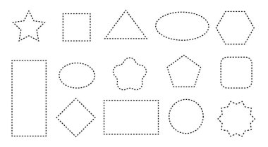 Geometrik şekiller. Noktalı çizgi vuruşlu şablonlar. Kupon kontür boyunca kesilir. Dikdörtgen, kare, daire. Vektör illüstrasyonu