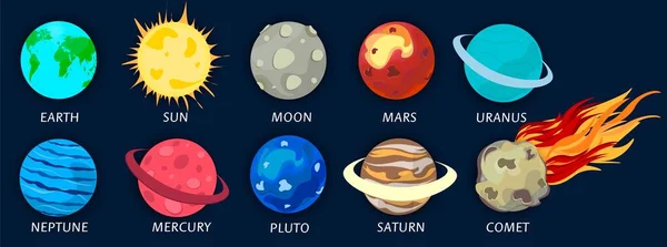 Conjunto Iconos Planetas Espaciales Concepto Del Universo Galaxia Estilo Dibujos — Vector de stock