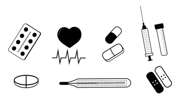 Set Medizinischer Symbole Symbole Herz Thermometer Pille Spritze Pflaster Medizin — Stockvektor