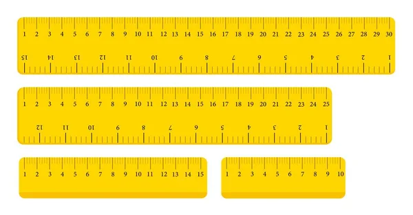 Set Gelber Lineale Messwerkzeug Zentimetern Millimetern Zoll Vereinzelte Flache Lineale — Stockvektor