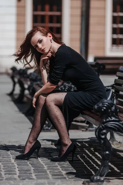 Beautiful Redhead Fashionable Girl Black Dress Outdoor Young Attractive Elegant — Stock Photo, Image