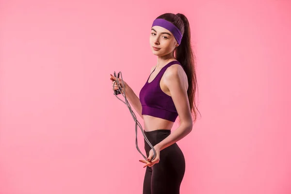 Αθλητικό Κορίτσι Σχοινάκι Ροζ Φόντο Αθλητισμός Υγιεινός Τρόπος Ζωής Γυμναστική — Φωτογραφία Αρχείου