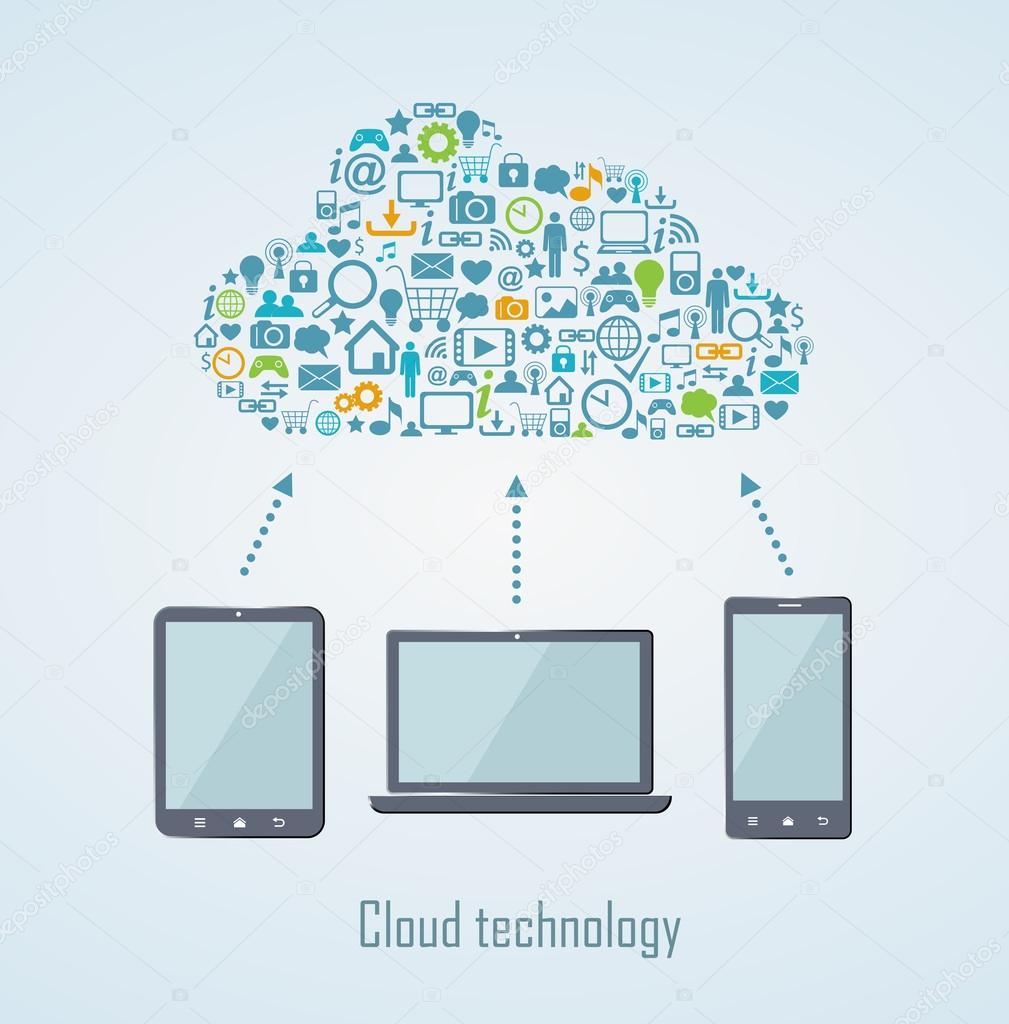 Cloud technology illustration with laptop phone and tablet