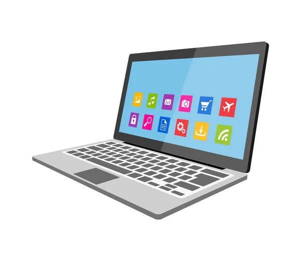 Laptop com ícones ilustração plana — Vetor de Stock