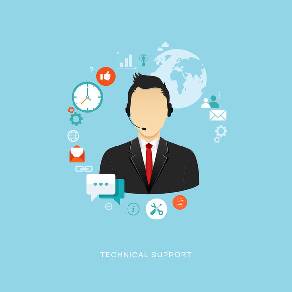 Flat design illustration with icons. Technical support assistant