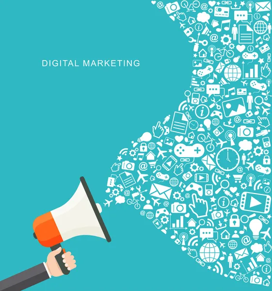 Marketing digital ilustração plana. megafone mão segurando — Vetor de Stock