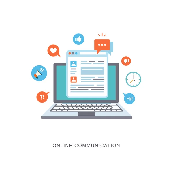 Online communication flat illustration with icons — Stock Vector