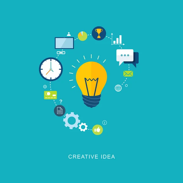 Idea creativa ilustración plana con bombilla e iconos Vector De Stock