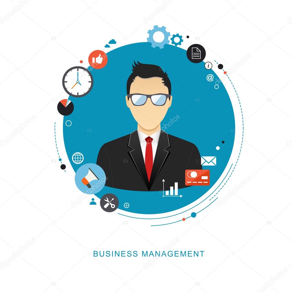Business management concept flat illustration. Office man with i