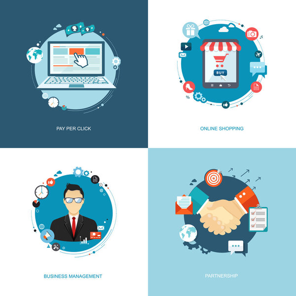 Flat internet banners set. Team management, online shopping, par