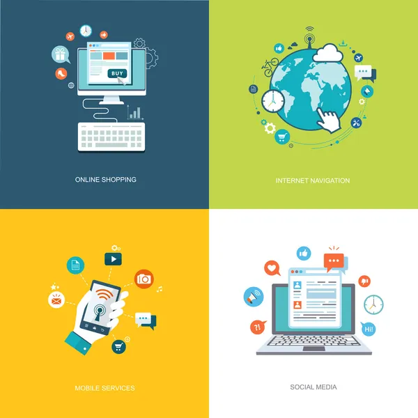 Conjunto de banners de tecnologías de internet planas. Redes sociales, internet — Vector de stock