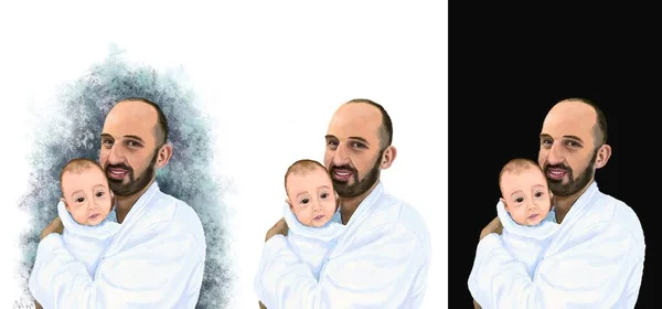 Watercolor Illustration Young Father Dressed White Bathrobes His Little Son — Photo