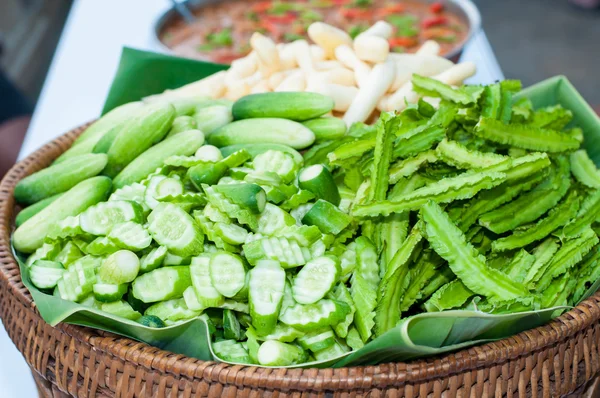 Ginger, cucumber and winged bean on tray bamboo — Stock Photo, Image