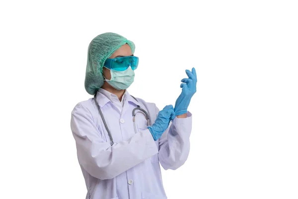Junge Asiatische Ärztin Mit Chemischen Schutzhandschuhen Für Arbeitssicherheit Isoliert Auf — Stockfoto
