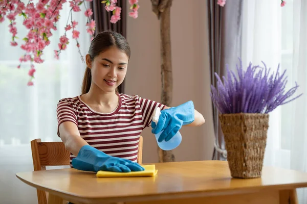 Asiática Dona Casa Usando Luvas Segurando Spray Limpando Mesa Sala — Fotografia de Stock