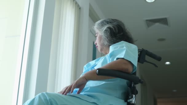 窓のそばで車椅子に座っているアジア系女性の高齢者を抑圧し 障害者の患者の思考を混乱させ 窓の外を見て 孤独を感じ 郷愁と憂うつな 医療と医療 — ストック動画