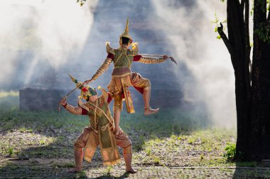 Pantomim (Khon) Wat Ma Hea Yong, Ayutthaya, Tayland 'da Ramakien' den (Ramayana) geleneksel Tayland klasik maskeli oyun sahneleridir.