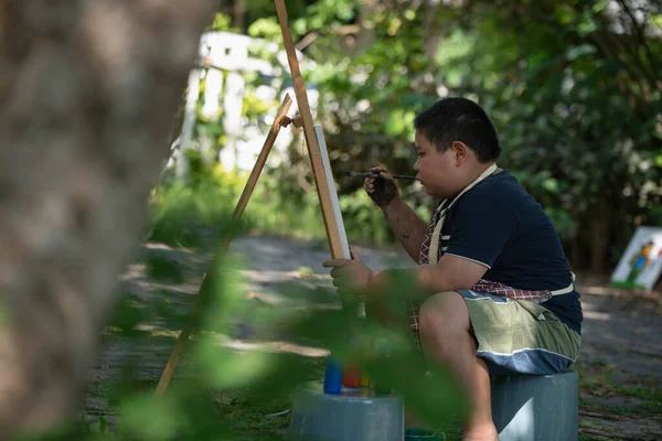 Cute Happy Little Asian Boy Painting Watercolor Canvas Standing Child — Stock Photo, Image