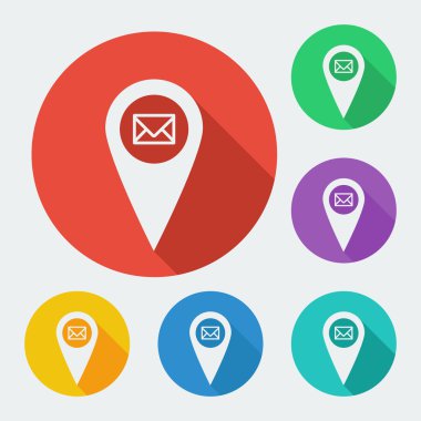 harita işaretçi simgesi ile uzun gölge - coğrafi etiket vektör web çizimi, altı renk ayarla.