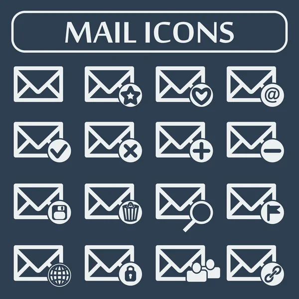 Satz von sechzehn Vektor-Mail-Icons für Web-Anwendungen, Design von E-Mail-Icons. — Stockvektor