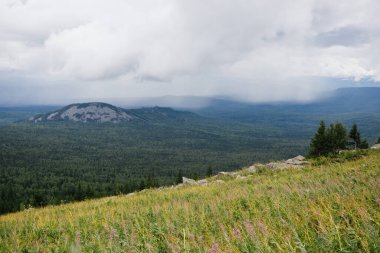 Rusya 'daki Güney Urallar' daki dağ ormanı vadisinin üzerindeki yağmur bulutlarına bakın.