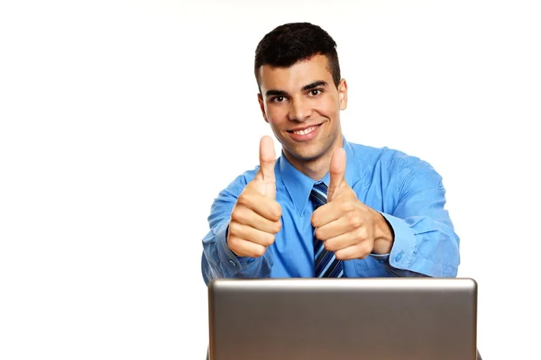 Young businessman shows thumb up — Stock Photo, Image