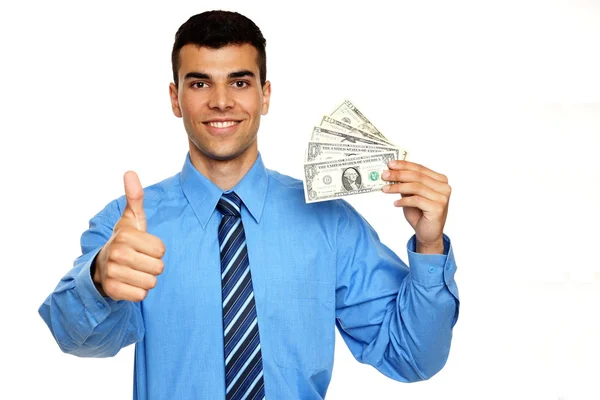 Ung affärsman visar dig pengar — Stockfoto