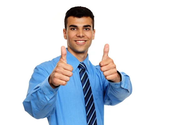 Young businessman shows thumb up — Stock Photo, Image