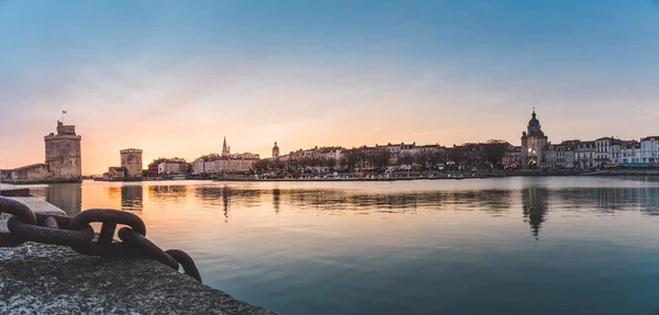 Panoramic view of the beautiful old harbour of La Rochelle at sunset