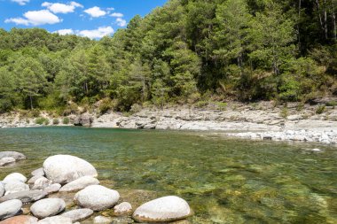 Cinca river in aragon forest. Spanish mountain River with its wonderful natural pools in the crystal clear water in the north of Huesca, spain