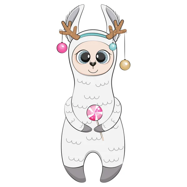 Lama de Navidad con cuernos de caramelo y ciervo. Ilustración vectorial. — Vector de stock