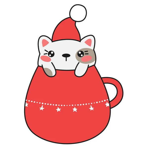 Cute christmas kawaii cat in red cup. Vector illustration. — Stock Vector