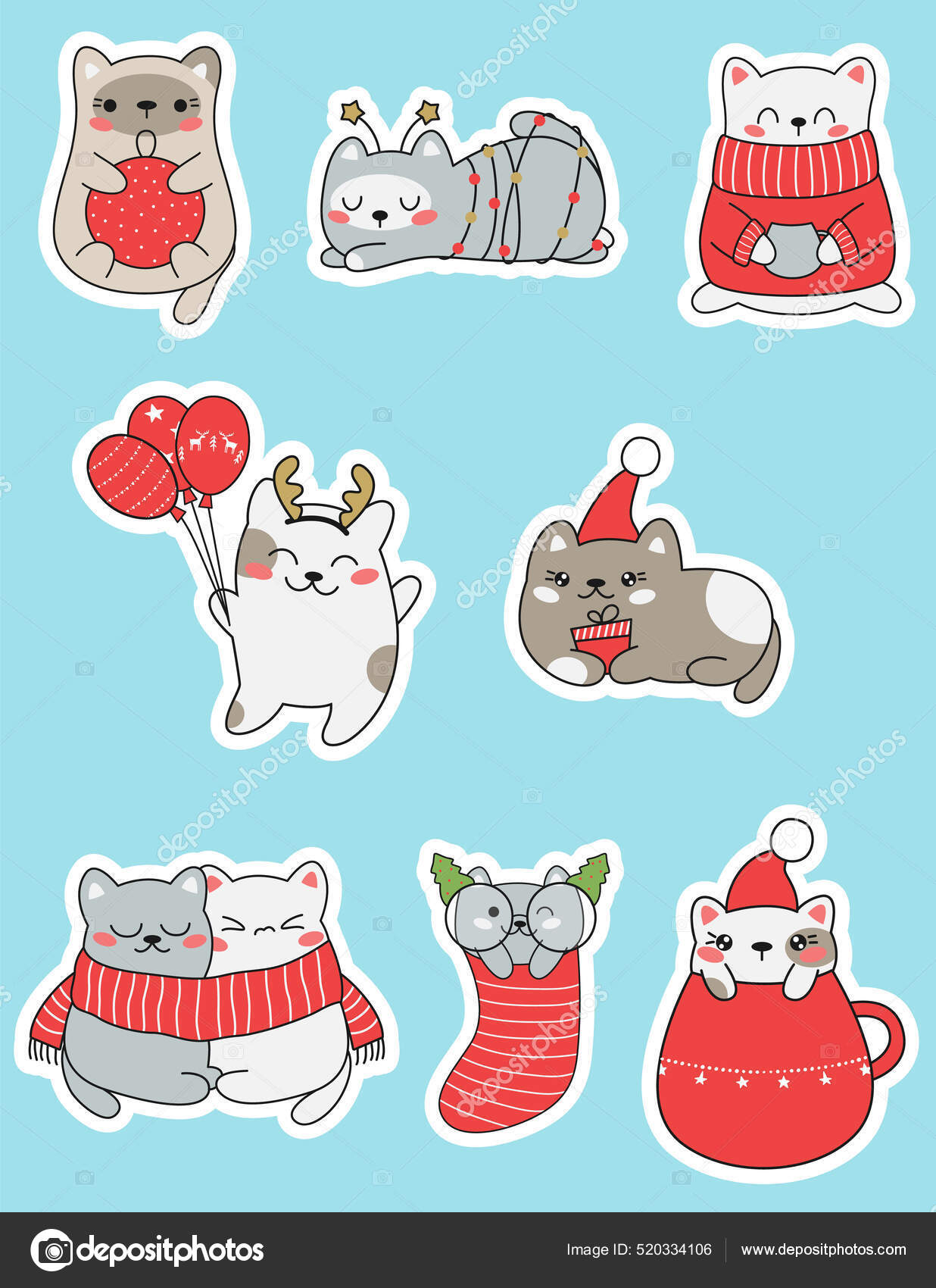 Desenhos animados de Natal de gato kawaii imagem vetorial de