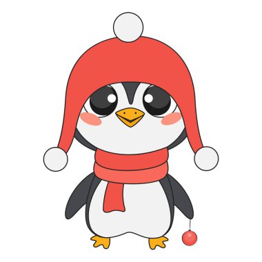Çizgi film tarzında şirin bir Noel pengueni. Vektör illüstrasyonu.