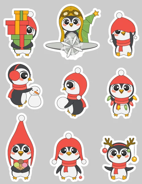 Pinguin natal yang lucu stiker yang bisa dicetak. Ilustrasi vektor. - Stok Vektor
