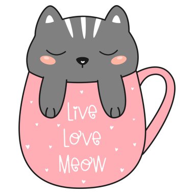 Pembe kupa içindeki sevimli kawaii kedisi. Vektör illüstrasyonu.