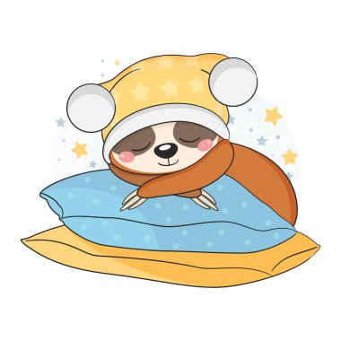 Yastıkların üzerinde uyuyan şirin bebek tembel hayvan. Vektör illüstrasyonu.