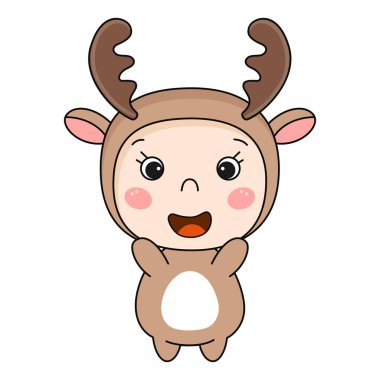 Geyik kostümlü sevimli kawaii çocuk. Vektör illüstrasyonu.