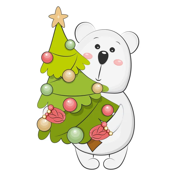 Roztomilý lední medvěd s vánočním stromem. Vektorová ilustrace. — Stockový vektor