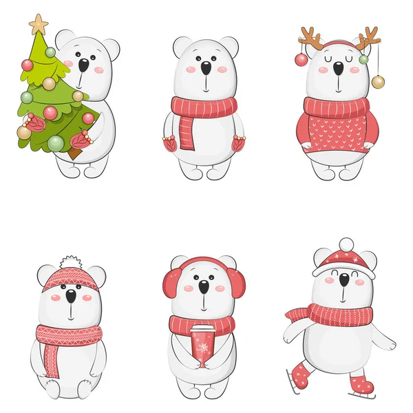 Coleção de ursos polares bonitos. Férias de Natal. Ilustração vetorial. —  Vetores de Stock