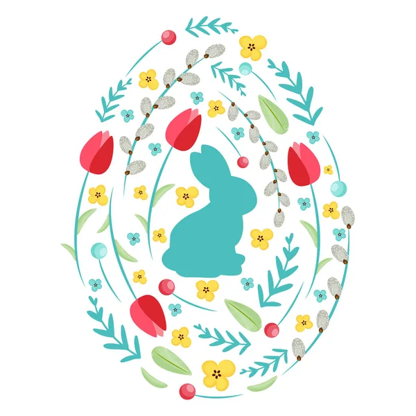 Χαρούμενο πασχαλινό αυγό με λουλούδια και λαγουδάκι. Εικονογράφηση διανύσματος — Διανυσματικό Αρχείο