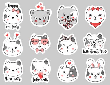 Cute doodle cat stickers set. Vector illustration. 