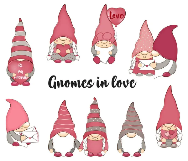 Mignons gnomes Saint-Valentin avec des cœurs. Illustration vectorielle. — Image vectorielle
