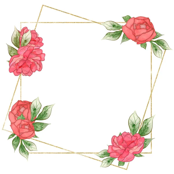 Geometrische goldene Rahmen mit Pfingstrosen Blumen Illustration. — Stockfoto