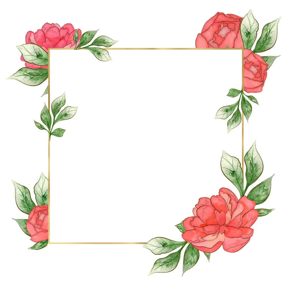 Geometrischer Goldener Rahmen Mit Pfingstrosen Blüten Hochwertige Illustration — Stockfoto