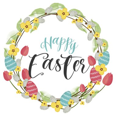 Easter wreath. Flowers eggs pussy willow. Happy holiday illustration. 