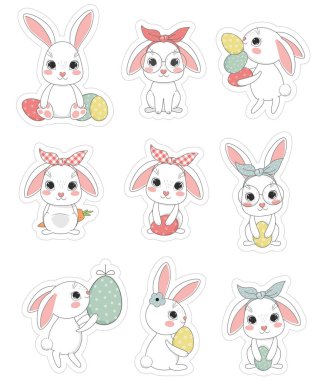 Tatlı Paskalya tavşanı basılabilir çıkartmalar. Vektör illüstrasyonu.