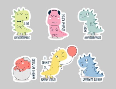 Cartoon dinosaurs stickers set. Dino world. Vector stock illustration. 
